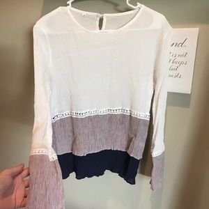 Cream purple and navy layered top